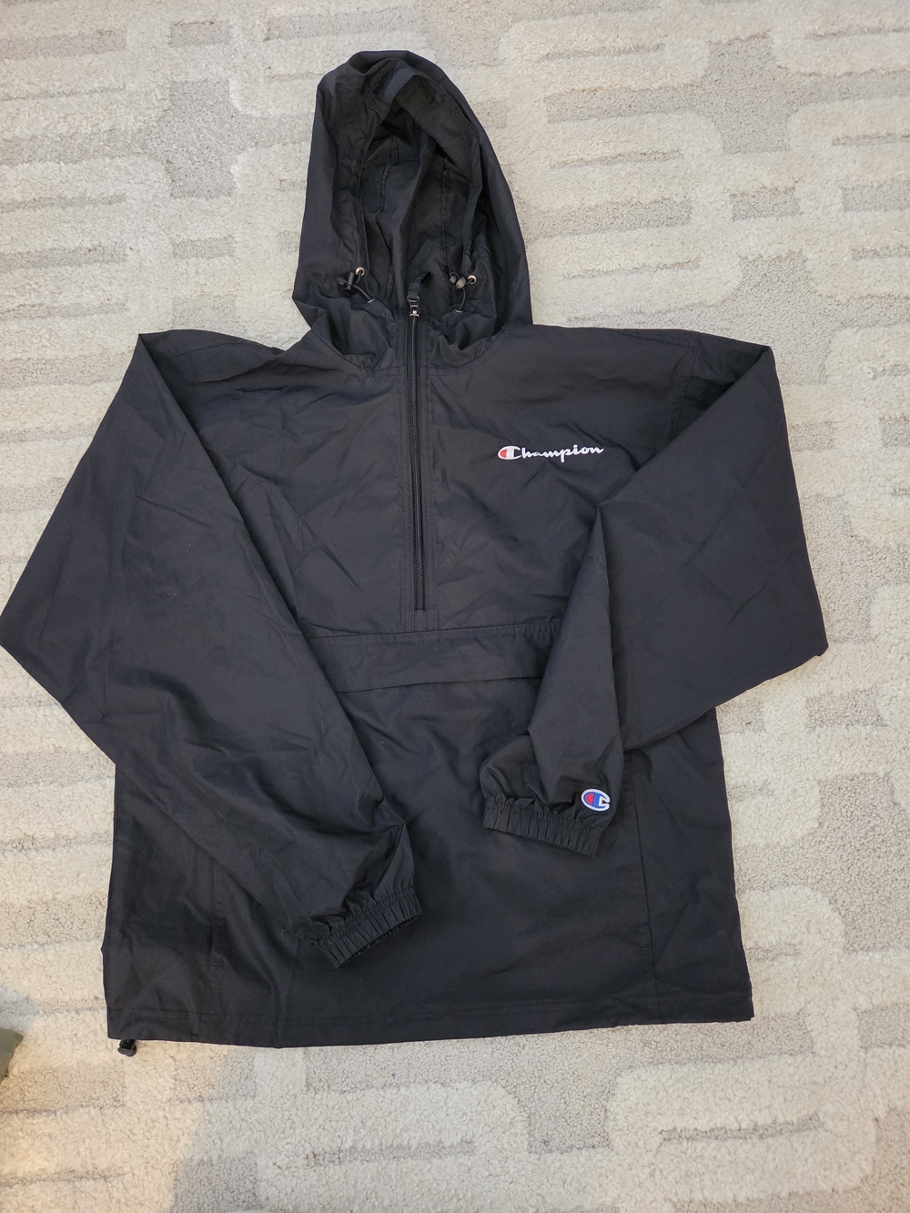 Champion Black Pullover Hooded Windbreaker. Size Small.